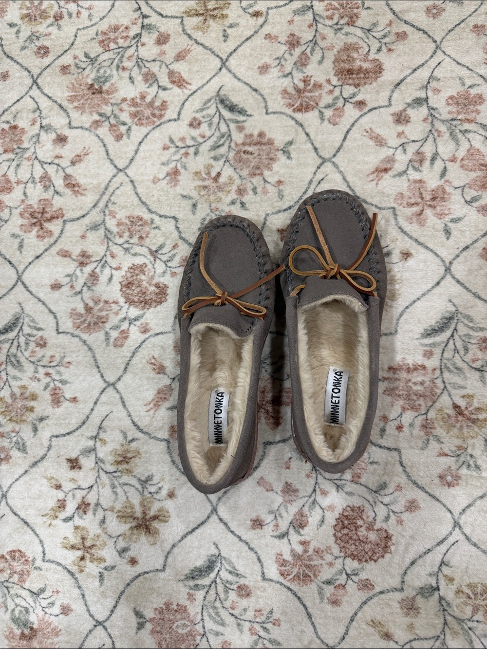 Minnetonka Gray Suede Moccasin Slippers with Brown Bow